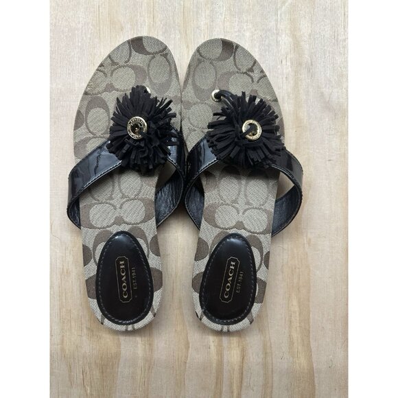 Coach Brown & Tan Suki Logo Print Jewel Trim Thong Sandal Shoes 8 Flip Flop NEW - Picture 1 of 6